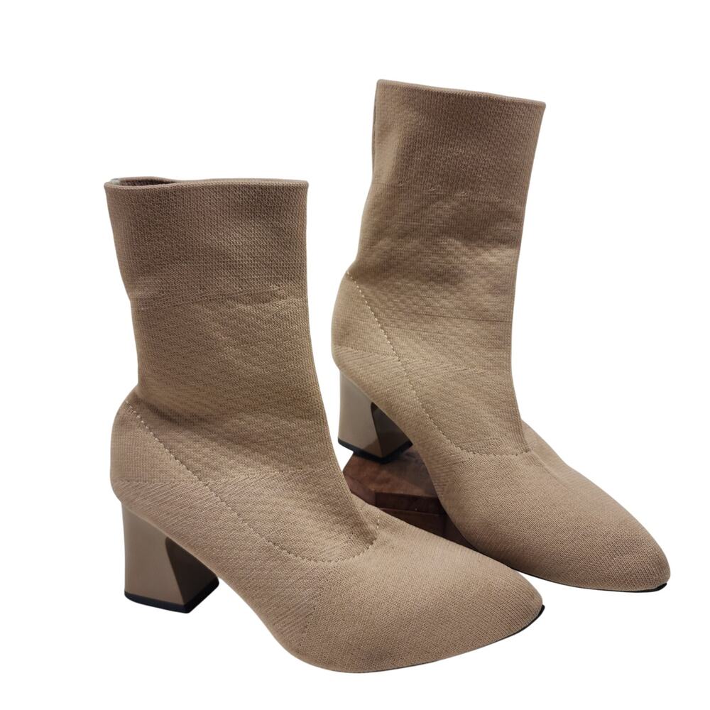 Women's Fashion Sock Ankle Boots Block 3" Heel Brown Stretch Knit Size 7